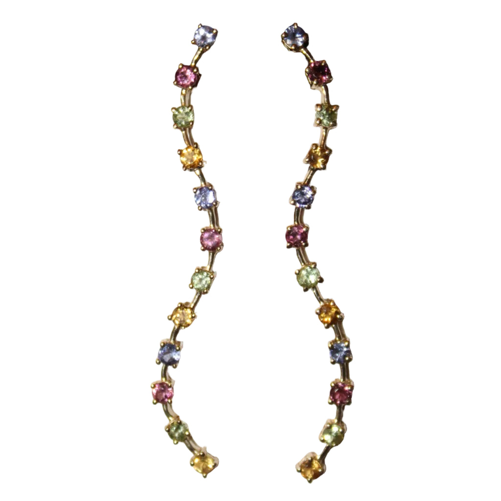 Multicolored gemstone earring on a white and black background