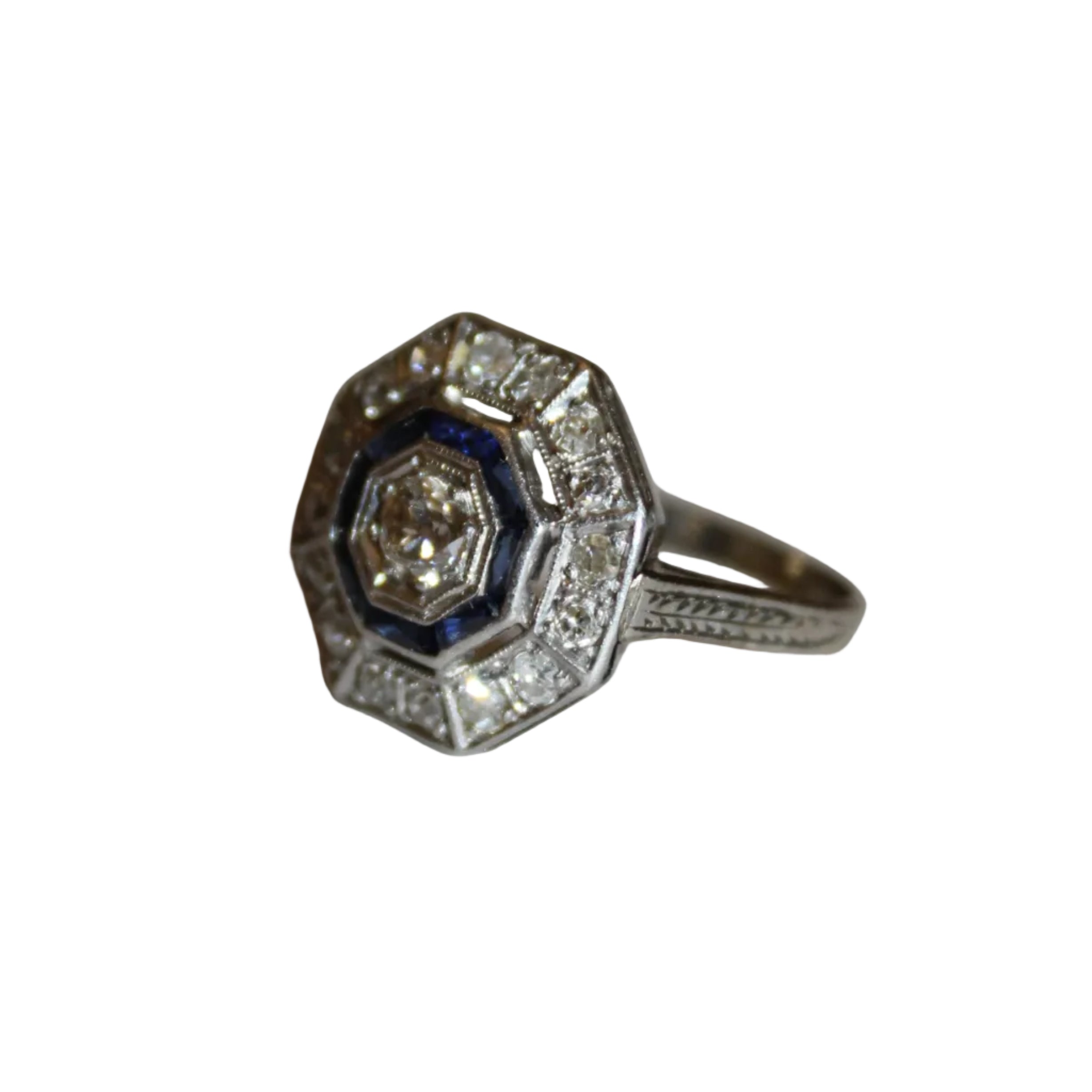 Octagon Diamond and Sapphire Ring